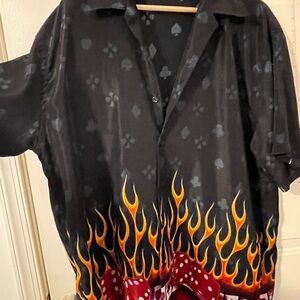 Black and Red Casual Button Down Shirt with Flame Design